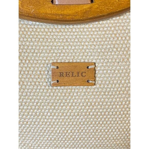 Relic Black Tan Leather Canvas Boho Chic Wooden Handle Snap Closure Purse - Picture 2 of 9